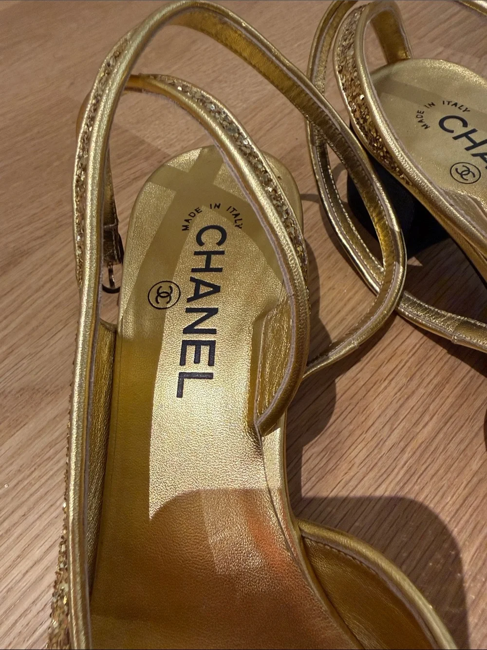 CHANEL Gold Glitter Slingback Mules with Black Cap Toe